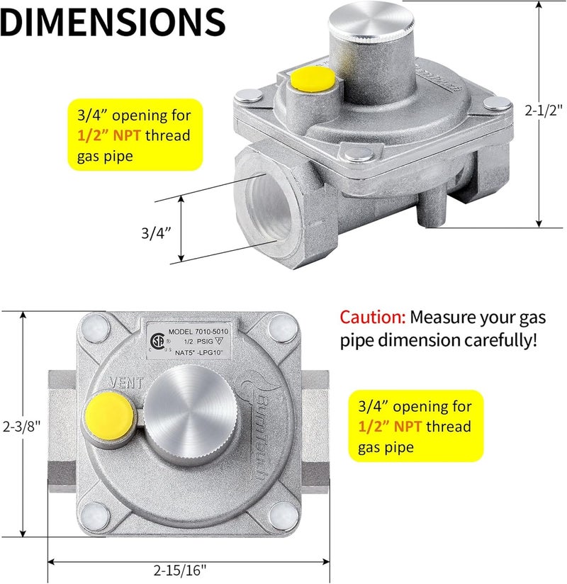 Awoco BurnTouch Gas Regulator 7010-5010 1/2 PSIG 1/2" NPT Natural Gas and Liquid Propane NAT 5" - LPG 10" WC, for Gas Ranges - Image 2